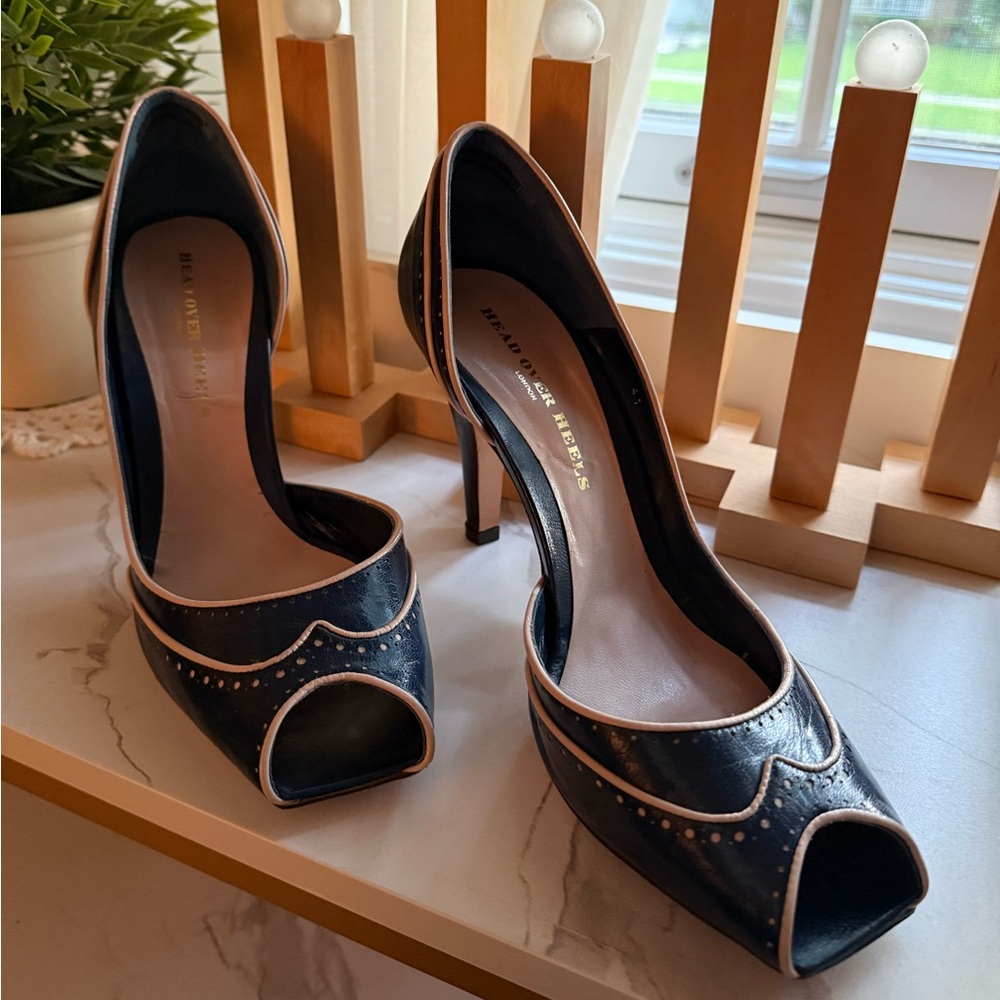 Head Over Heels London - Deep Blue Leather Wing-Tip, Squared Open Toe, D’Orsay - Picture 2 of 15
